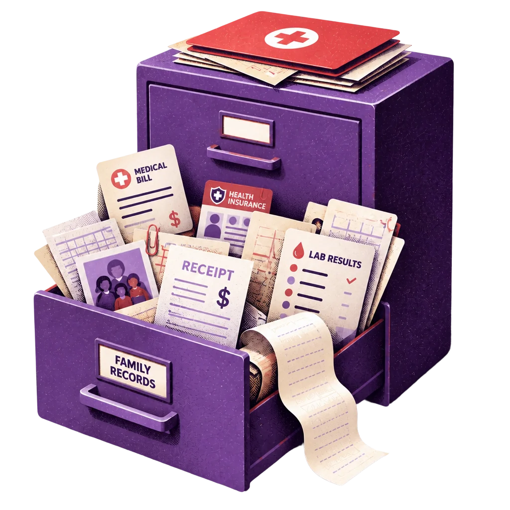 A filing cabinet overflowing with family medical bills, receipts, and lab results